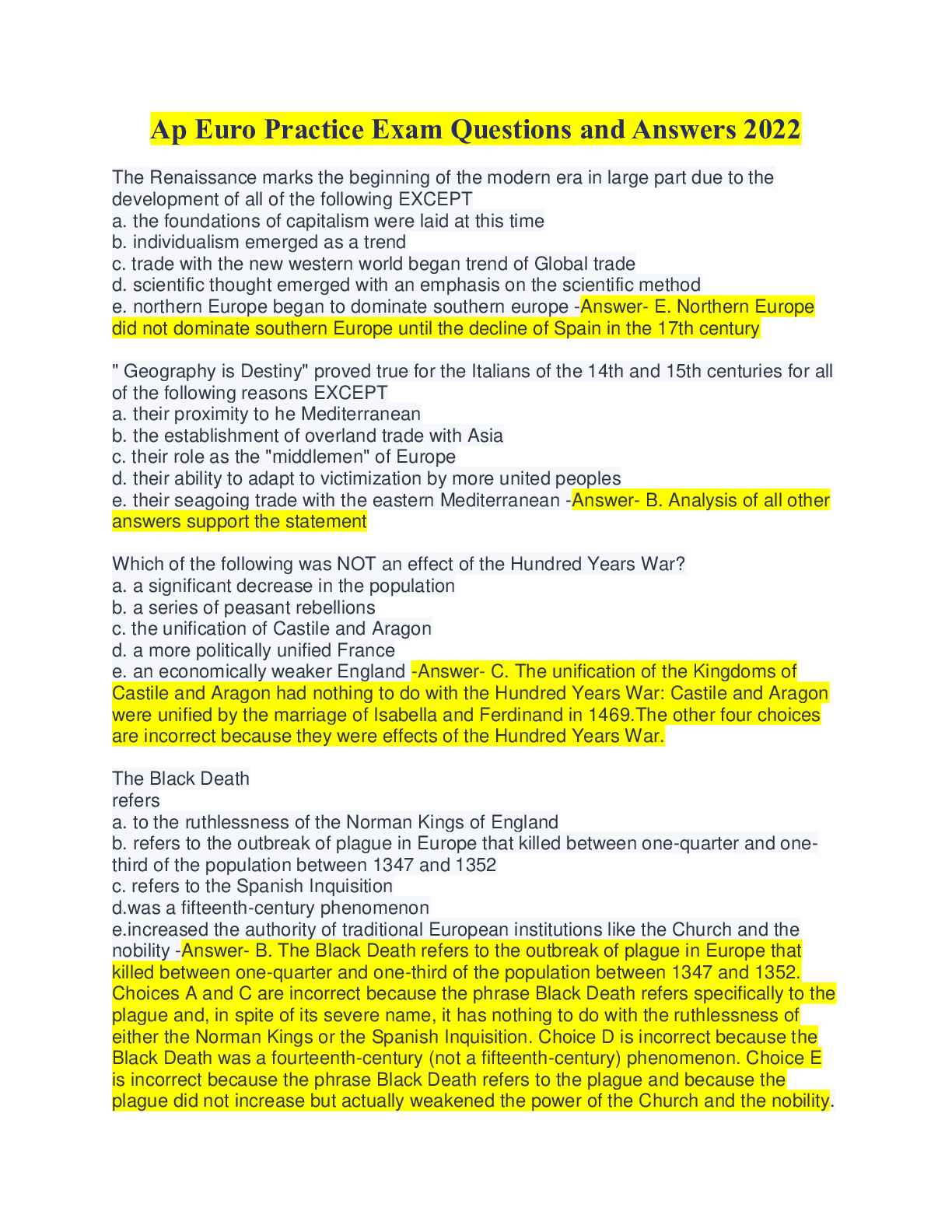 Preview image for Ap Euro Practice Exam Questions and Answers 2022